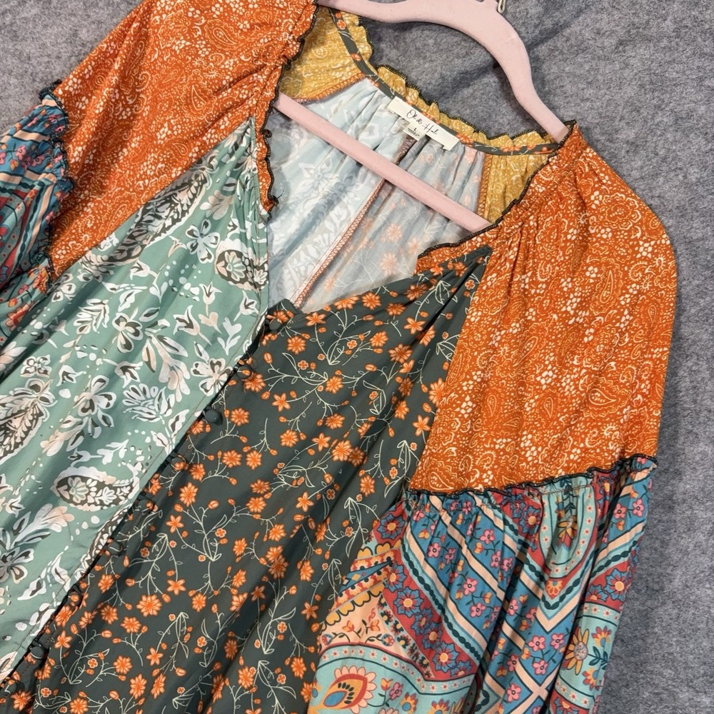 Oli & Hali Patchwork Blouse Womens Sz L Multicolor Paisley Floral Boho Peasant